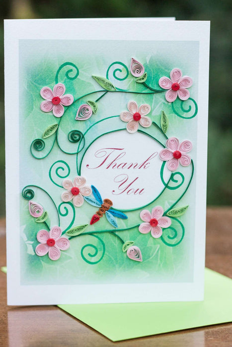 Thank You - Pink Flowers with Dragonfly Quilling Card - UViet Store