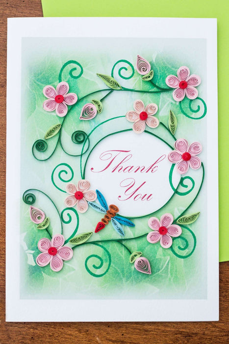 Thank You - Pink Flowers with Dragonfly Quilling Card - UViet Store