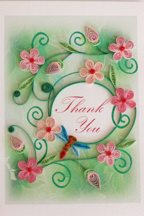 Thank You - Pink Flowers with Dragonfly Quilling Card - UViet Store