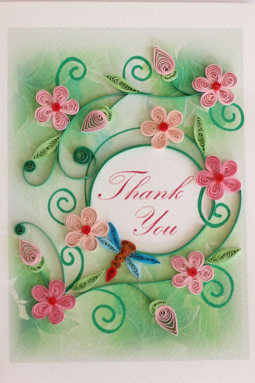Thank You - Pink Flowers with Dragonfly Quilling Card - UViet Store