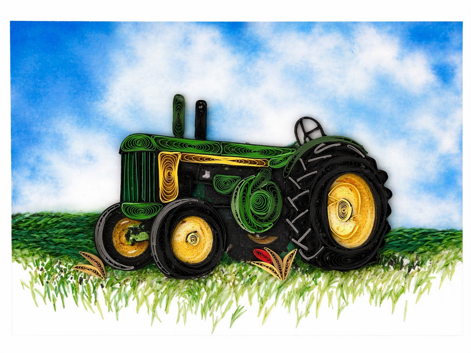 Quilled card image of green tractor in field
