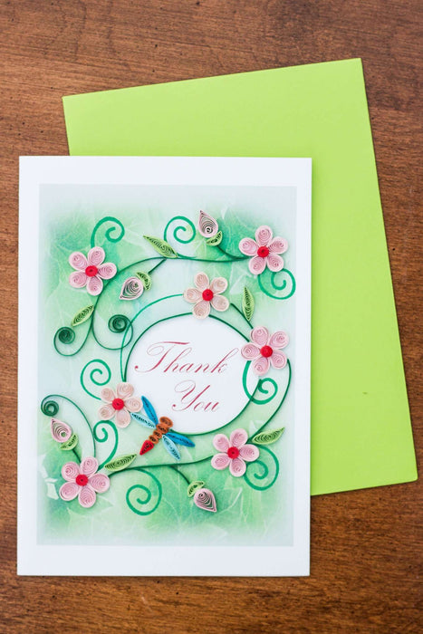 Thank You - Pink Flowers with Dragonfly Quilling Card - UViet Store